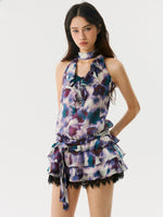 Purple Patterned Halter Lace Dress