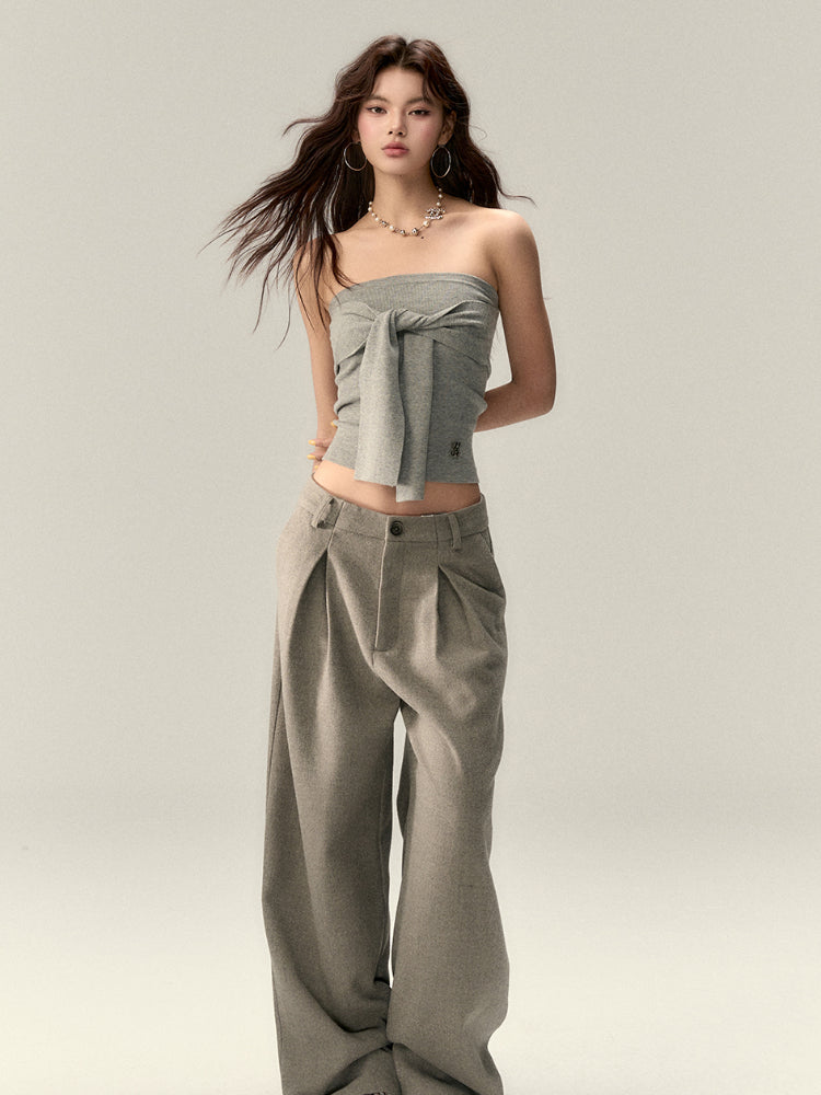 Gray & Navy Blue Tie-Knitted Top