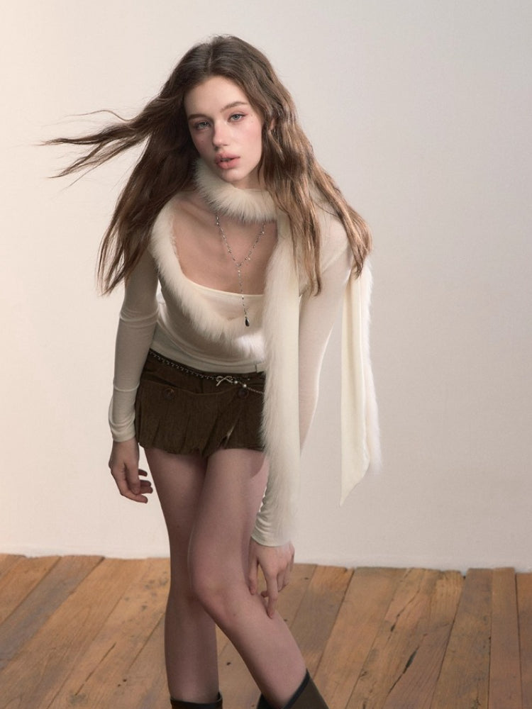 Patchwork Fox Fur Knit Top & Fur Scarf Set