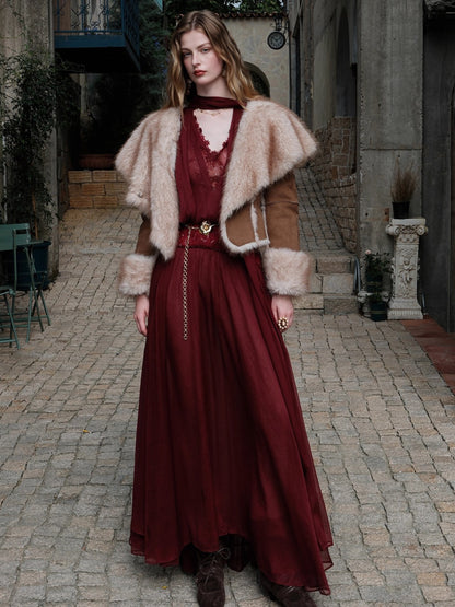 Milena Chiffon Lace Lantern Sleeve V-neck Dress