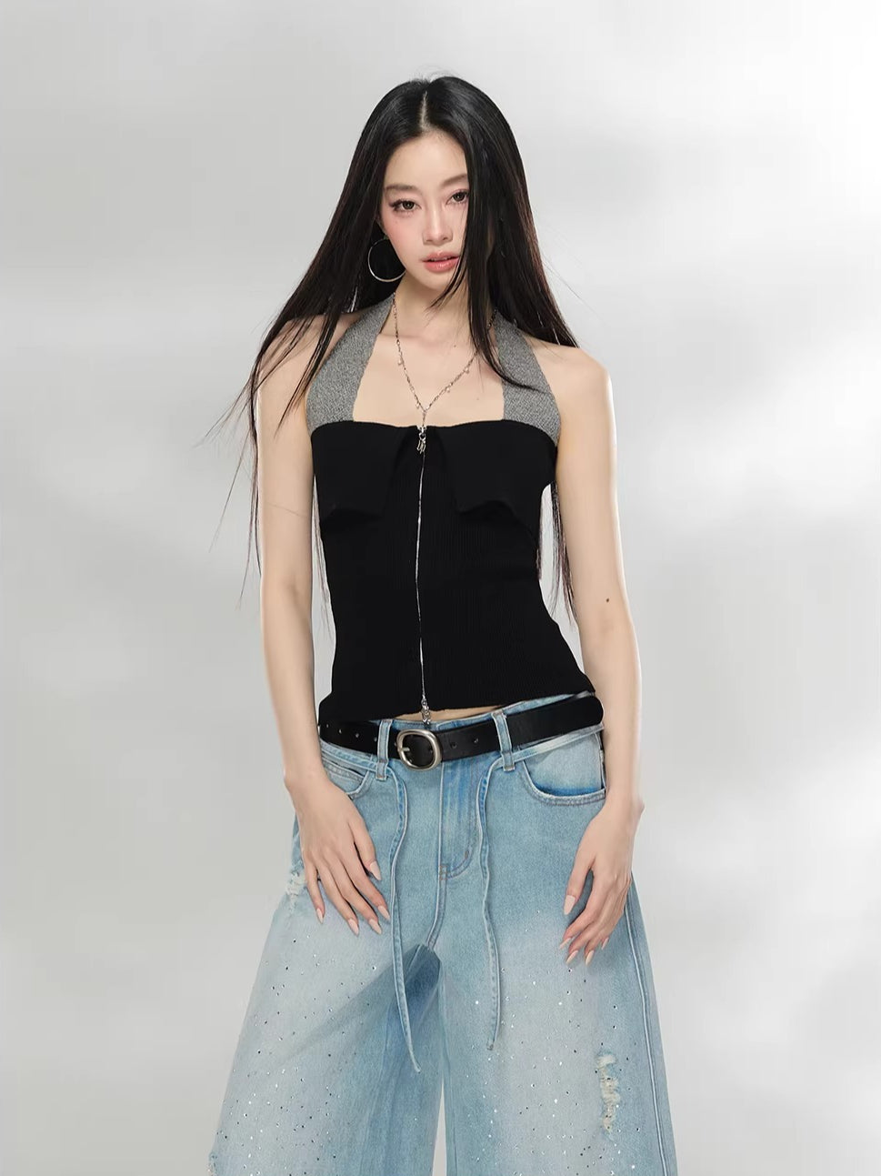 Contrast Zip Halter Top