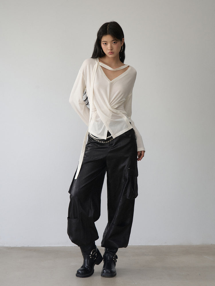 V-Neck Drawstring Waist Buttoned Blouse