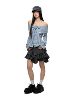 Off Shoulder Bow Tie Stripe Blouse