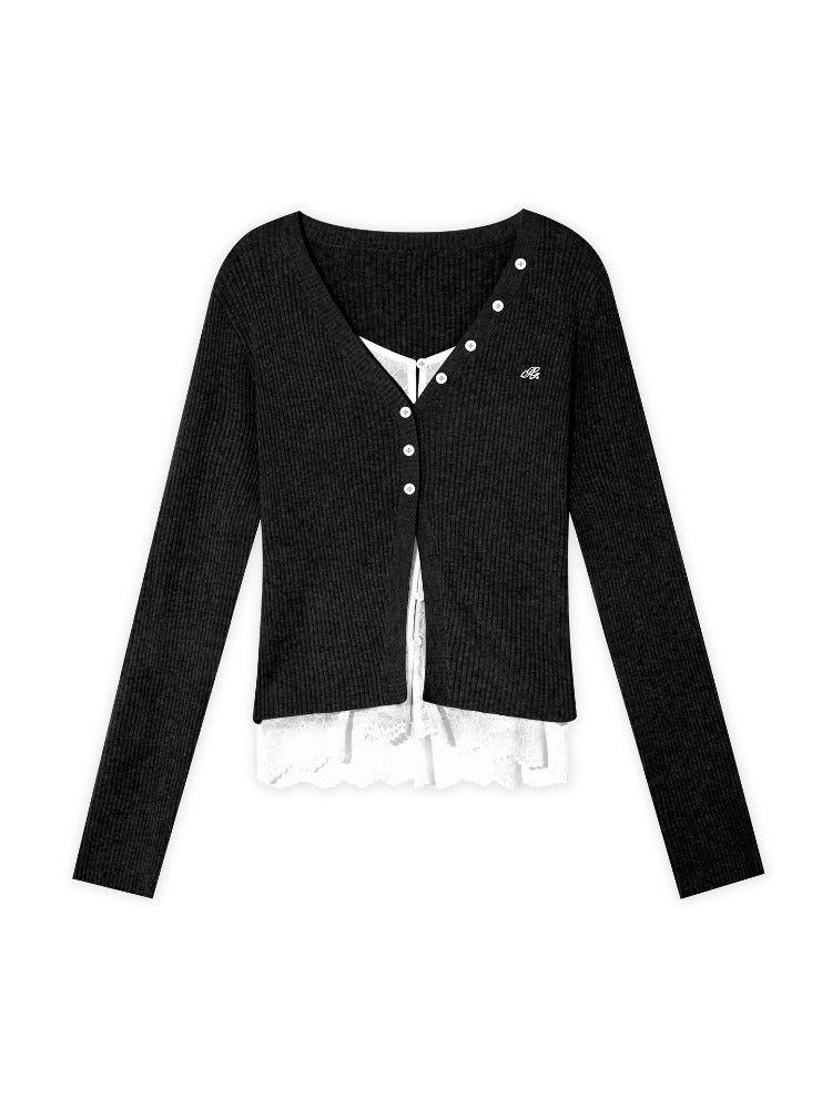 Lace Tie Fake Two-Piece Knitted Cardigan
