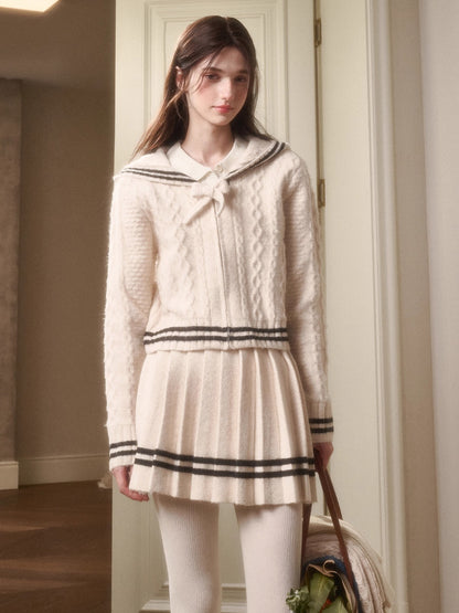 White Philosophy Wool Cloud Cable-Knit Cardigan &amp; Skirt Set