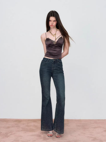 Embroidered Rhinestones Flared Jeans