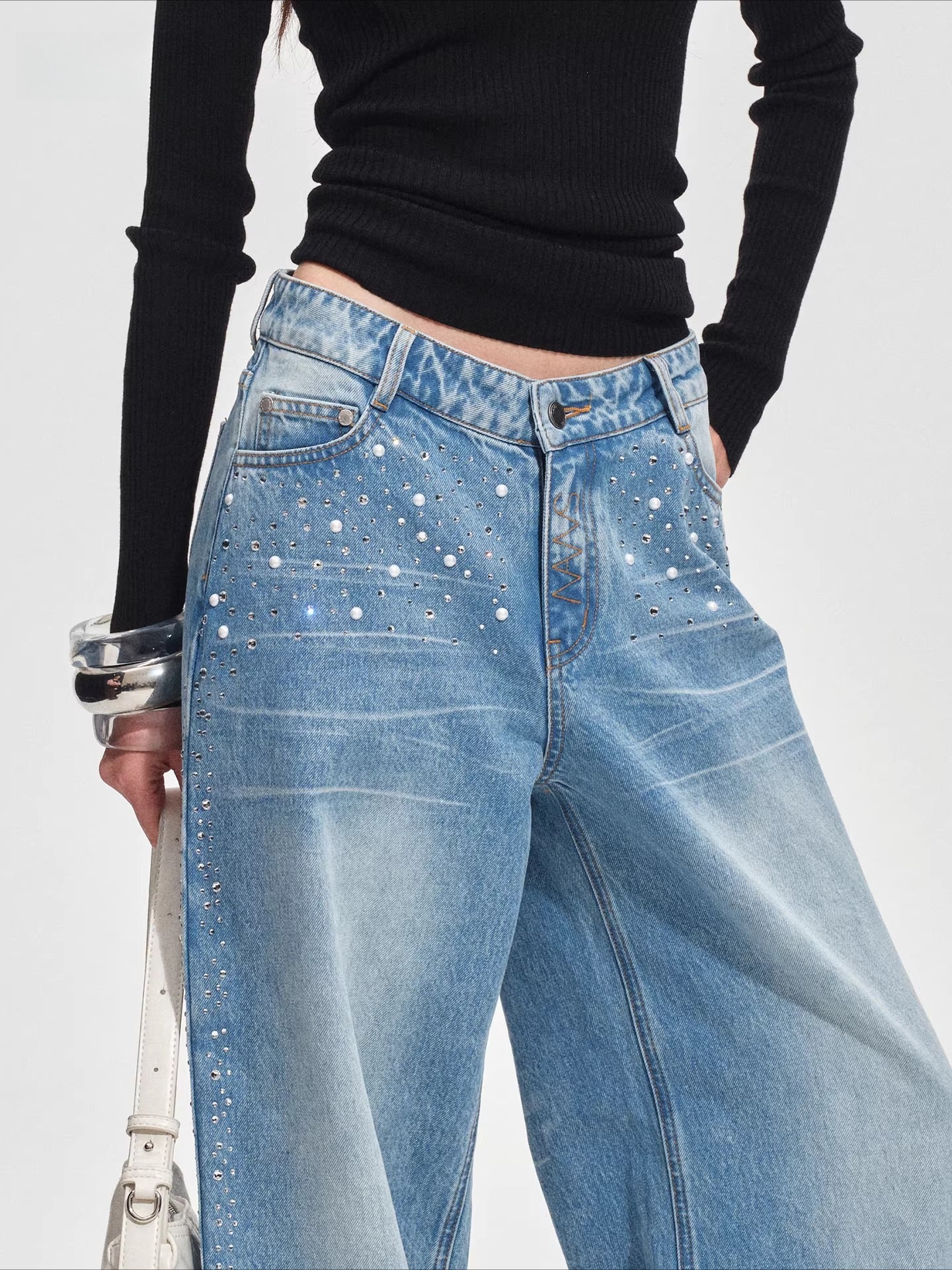 Low-Rise Wide-Leg Rhinestone Denim Pants