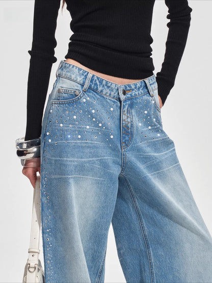 Low-Rise Wide-Leg Rhinestone Denim Pants