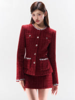 Metallic-Tweed Cinched Jacket Low-Rise Skirt Set