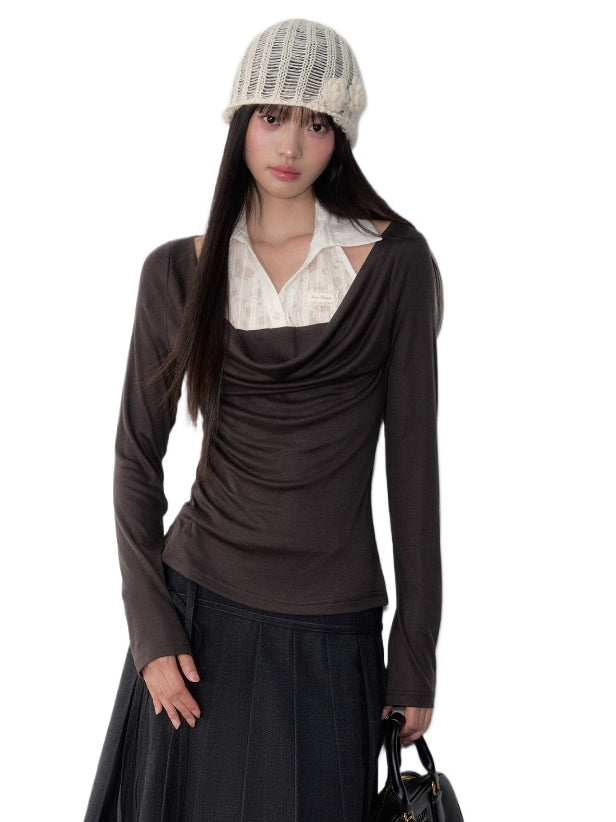 Fake Two-Piece Draped Neck Knit Top
