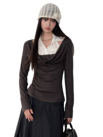 Fake Two-Piece Draped Neck Knit Top