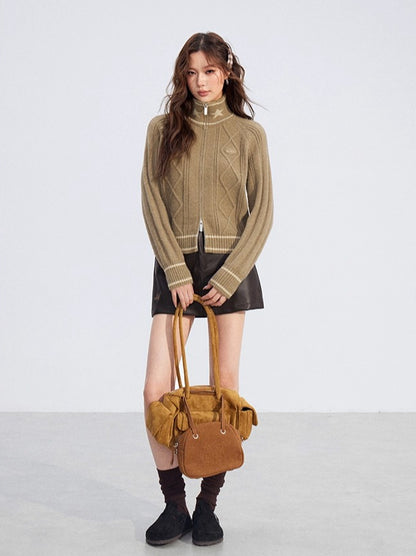 Contrast Zip Cable Sweater