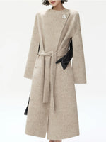 Embellished Buckle Belted Wool Blend Coat
