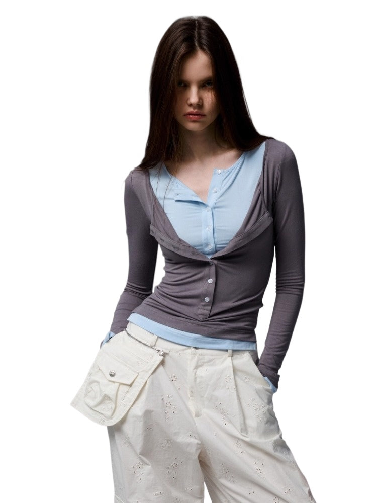 Contrast Layered Henley Blouse
