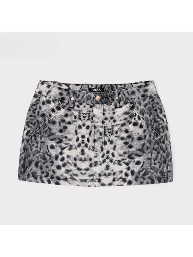 Leopard Print Mid - High Waist Rivet Midi Skirt