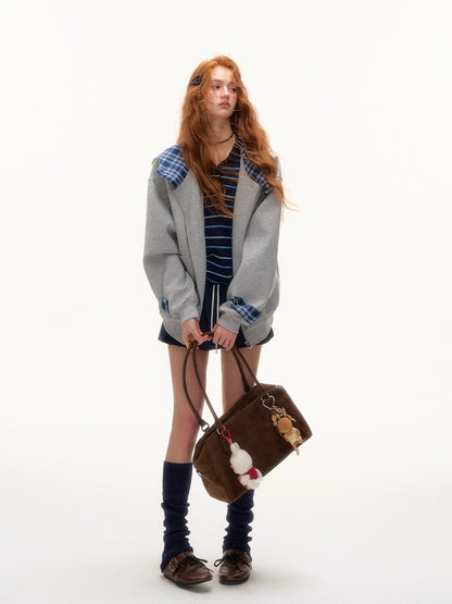 Plaid Patchwork Hoodie Cardigan