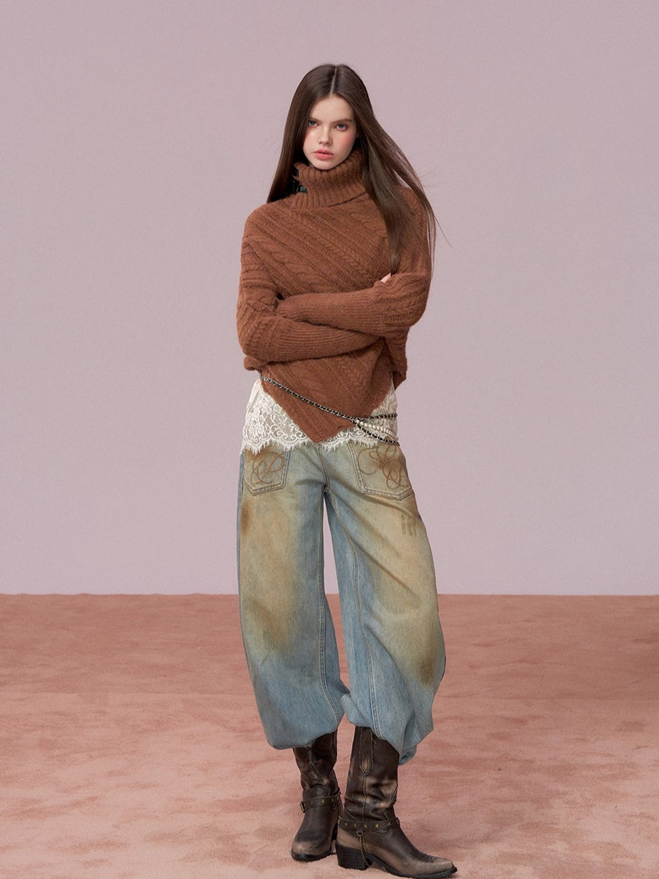 Washed Distressed Embroidered Denim Jeans