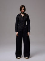 Raw Denim Wide-Shoulder Waist-Cinching Jacket Set