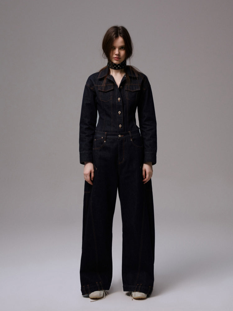 Raw Denim Wide-Shoulder Waist-Cinching Jacket Set