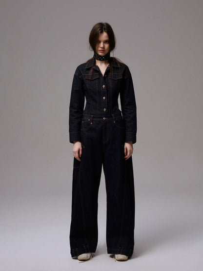 Raw Denim Wide-Shoulder Waist-Cinching Jacket Set