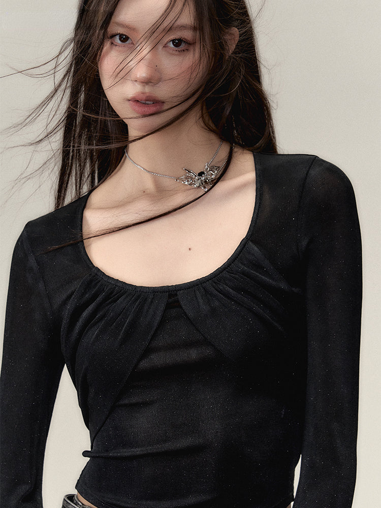 Black U-Neck Long-Sleeve T-Shirt