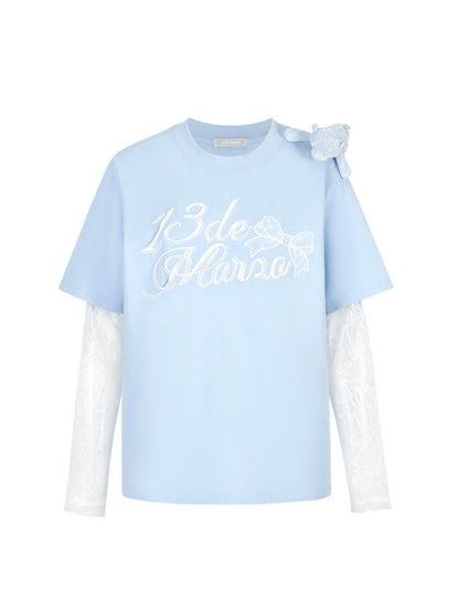 Lace Bear Fake Two- Piece Round-Neck T-Shirt