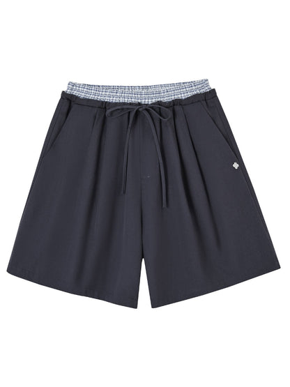 Fake Two-Piece Elastic-Waist Knee-Length Pants