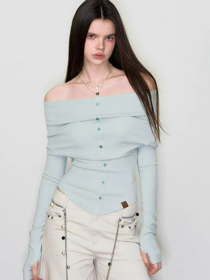 Off-Shoulder Long Sleeve Knit Tee