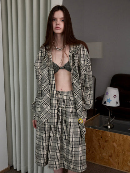 Plaid Hooded Shirt &amp; Skirt &amp; Pants Set