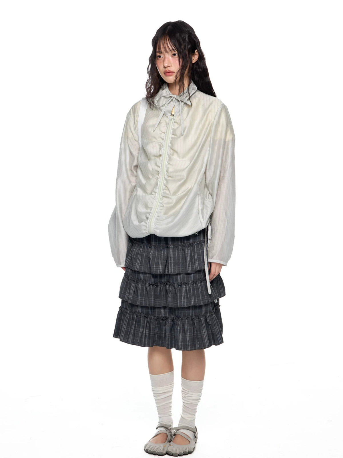 Gathered Tie Plaid Lightweight Blouse