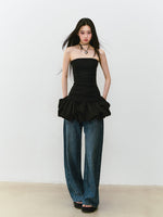 3D Rhinestone Wide - leg Denim Pants
