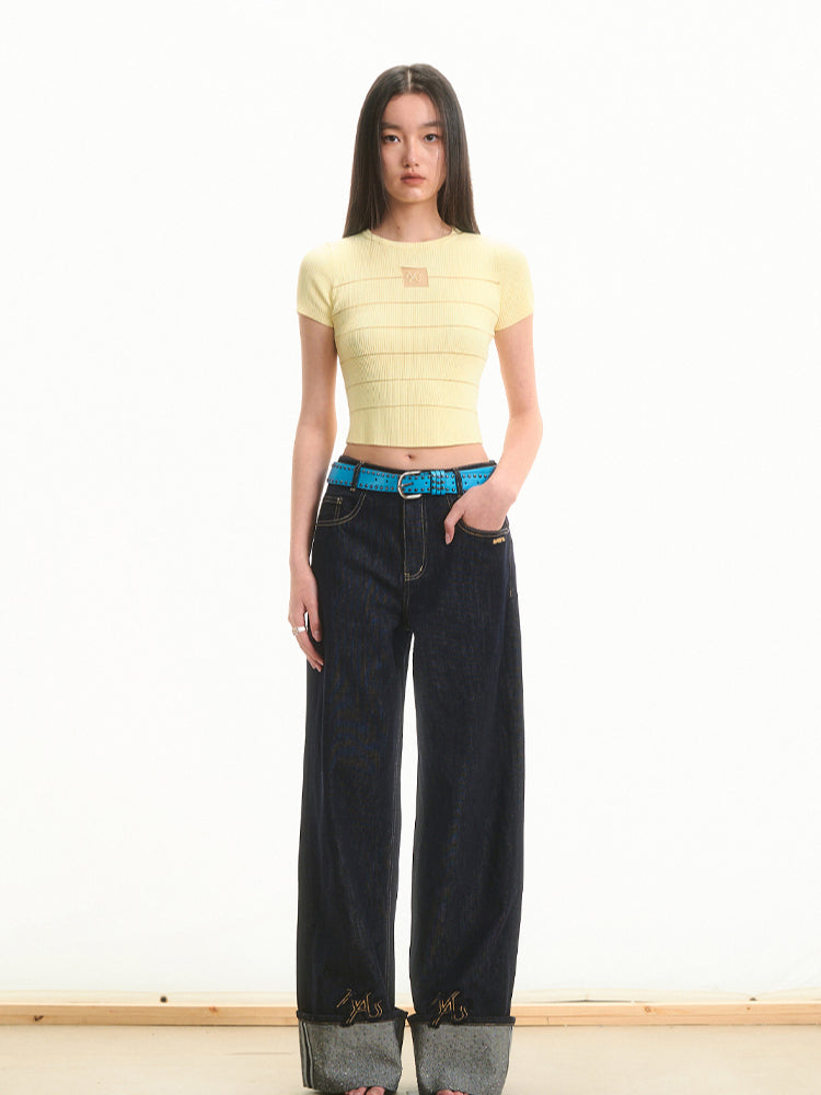 Transparent Rhinestone Straight-Leg Jeans