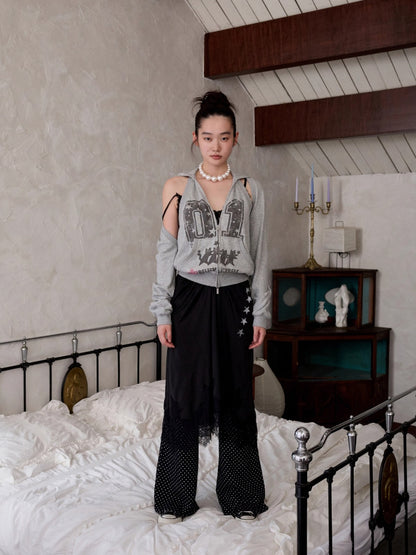 Satin Letter Print Spliced Lace Slip Midi Dress