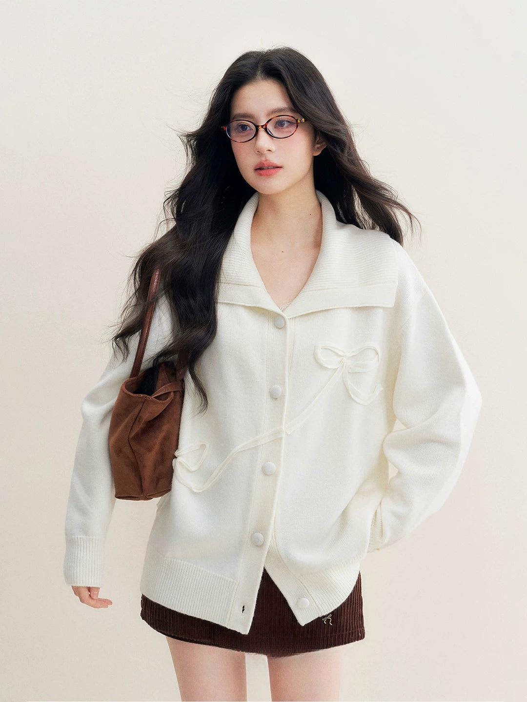 Beige Bow-Embroidered Knit Cardigan