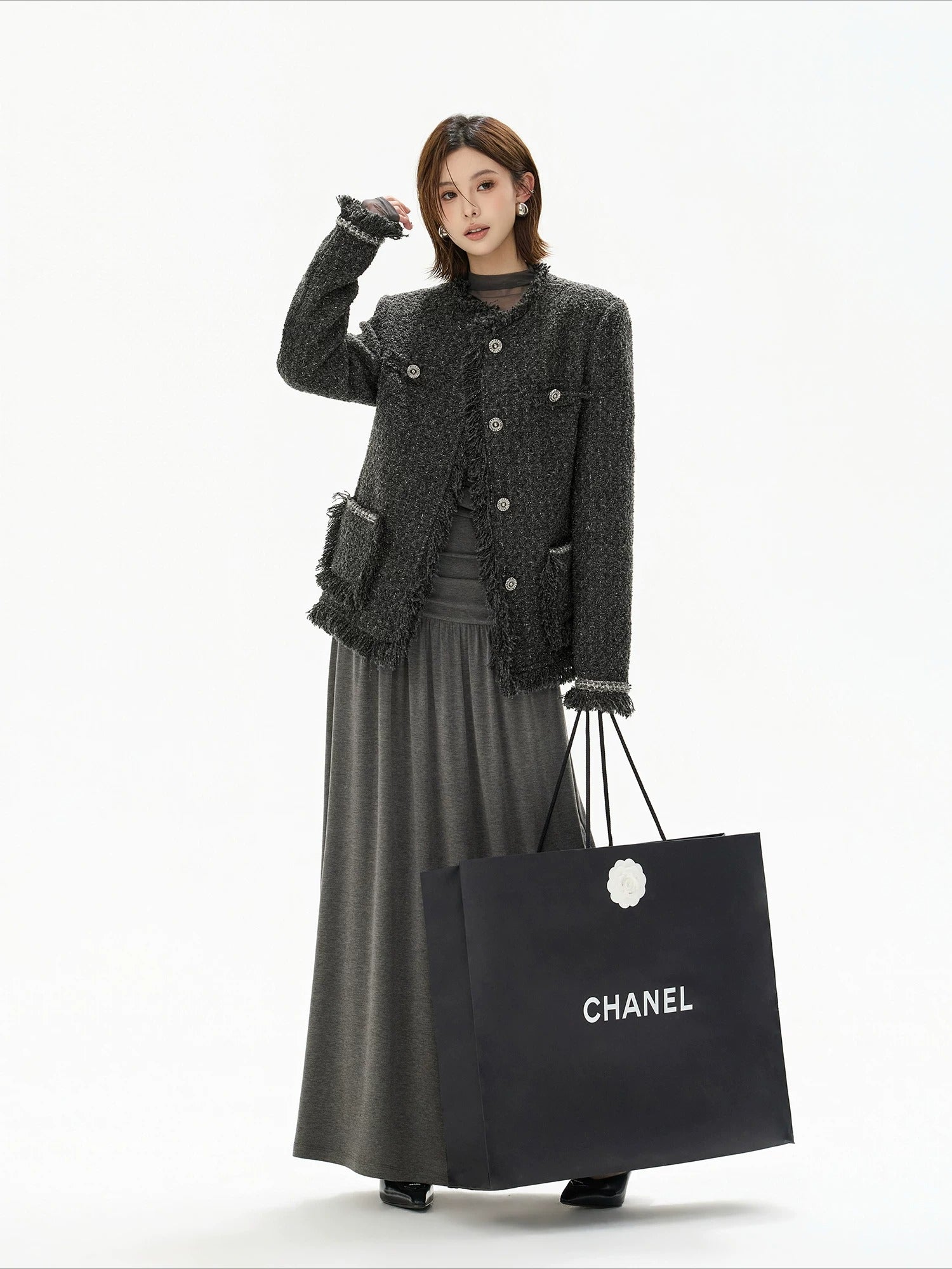 Gray Off Shoulder Knit Layered Dress