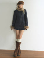 Plaid Fur-Trimmed Double-Breasted Jacket