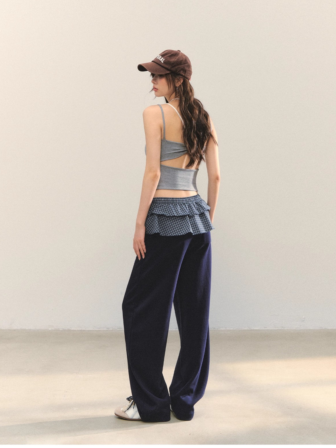 Plaid Ruffle Drawstring Pleated Shirt &amp; Sweatpants Set