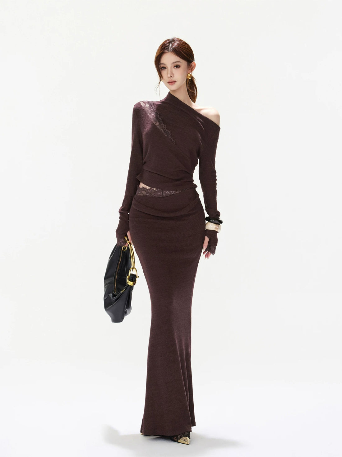 Purple Lace Ruched Top &amp; Skirt Set