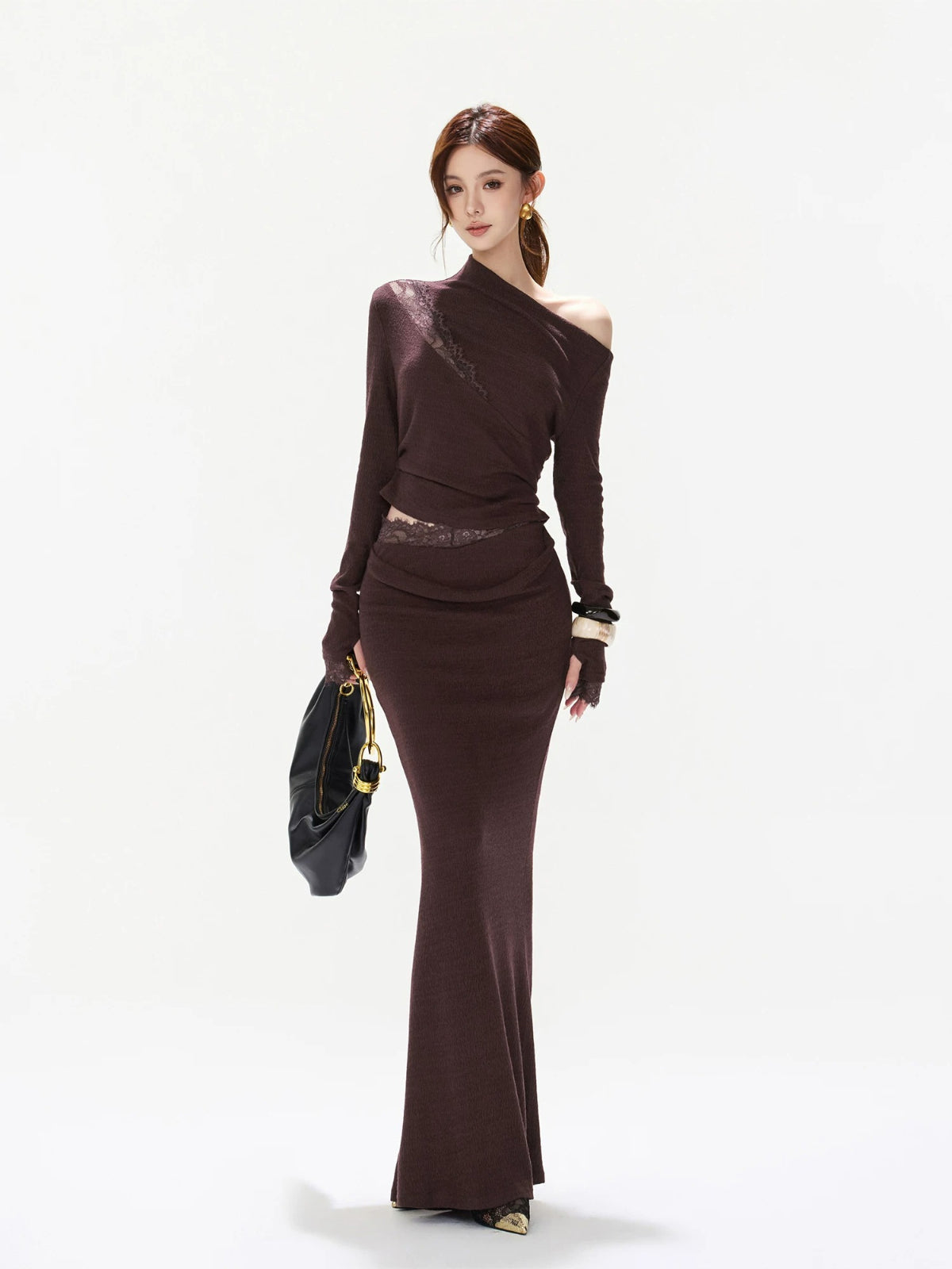 Purple Lace Ruched Top &amp; Skirt Set