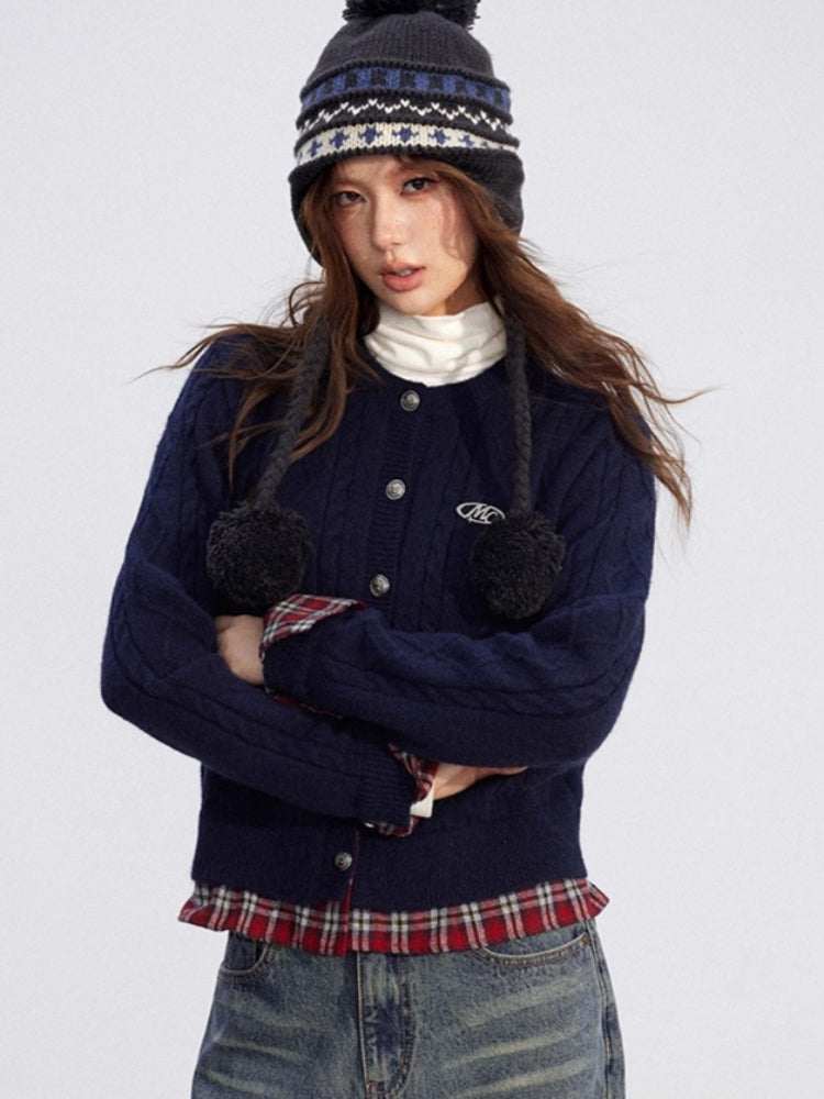 Plaid Trim Knit Cardigan