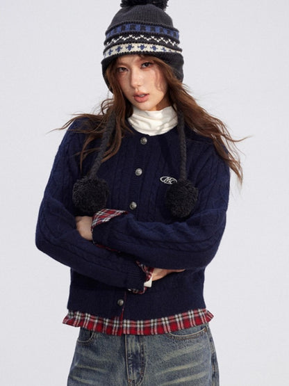 Plaid Trim Knit Cardigan