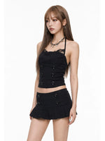 Black Halter Lace Trim Skirt Set