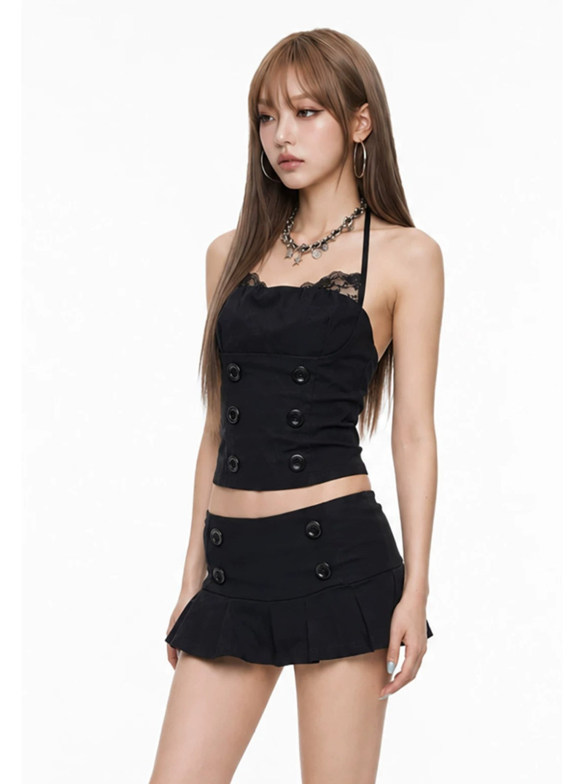 Black Halter Lace Trim Skirt Set