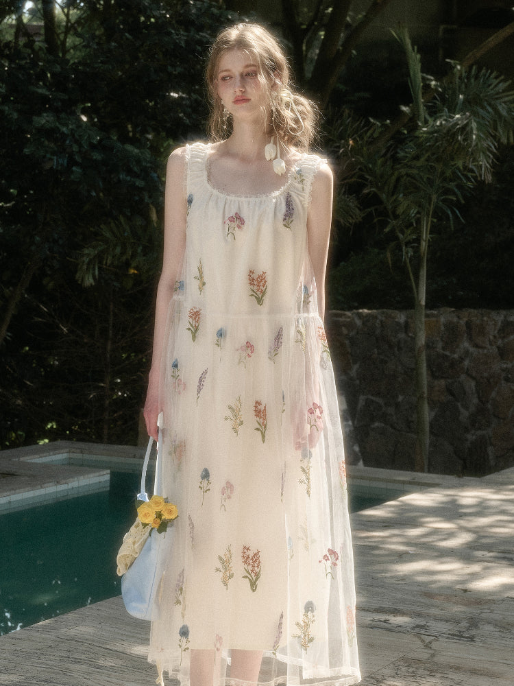Gauze Flower Embroidered Double - Layer Sundress