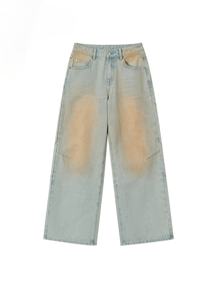 Washed and Distressed Color Block Denim Pants