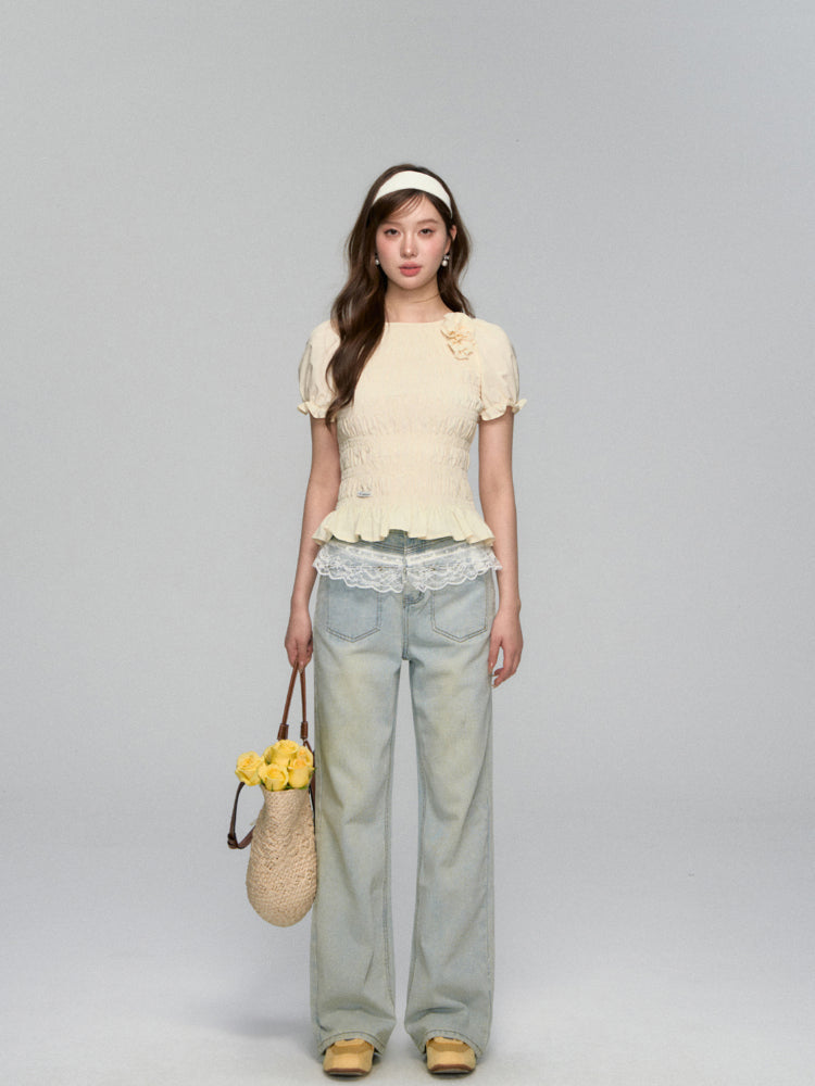 Three-Dimensional Flower Pleated Short-Sleeve Blouse