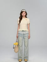 Three-Dimensional Flower Pleated Short-Sleeve Blouse