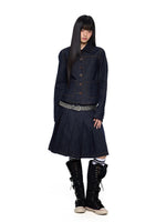 Vintage Denim Collar Pleated Skirt Set