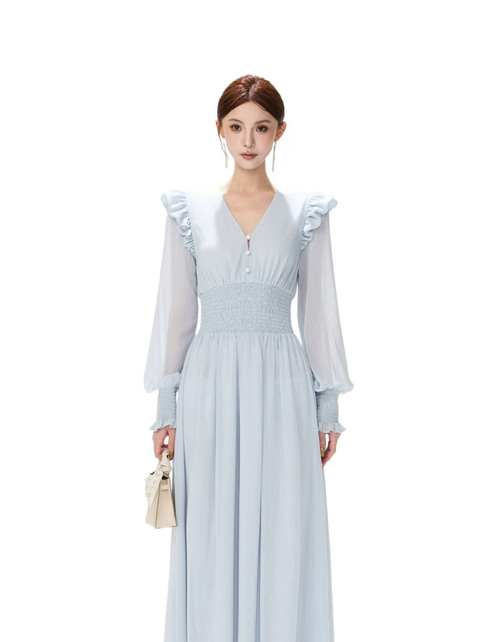 French Ruffle Chiffon Lantern Sleeve Dress