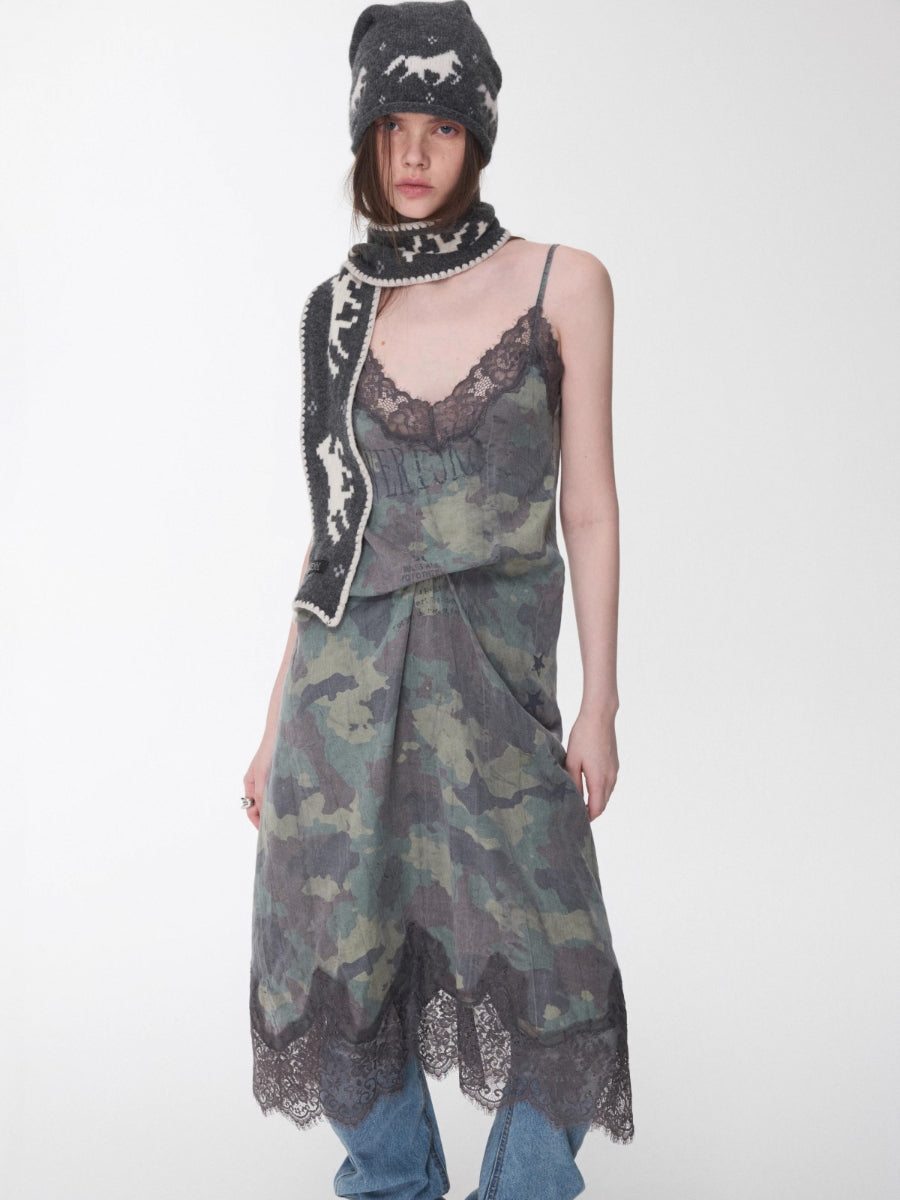 Camouflage Lace Trim Slip Dress